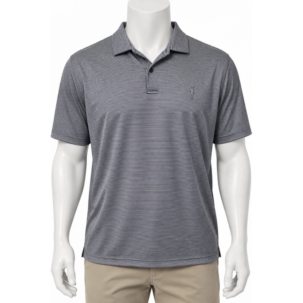 F&G TECH Men's Navy White Striped Polo Short Sleeve Shirt XL Logo Button
